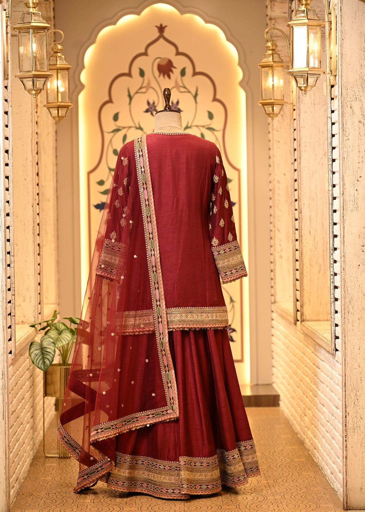 Niharika Maroon Raw Silk Suit Set with Sharara & Dupatta
