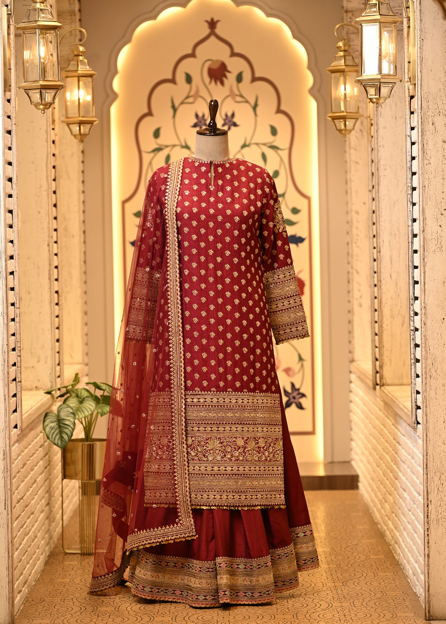 Naina Maroon Silk Straight Suit Set with Sharara & Dupatta