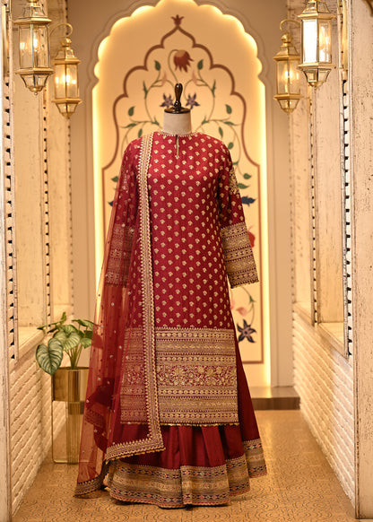 Naina Maroon Silk Straight Suit Set with Sharara & Dupatta