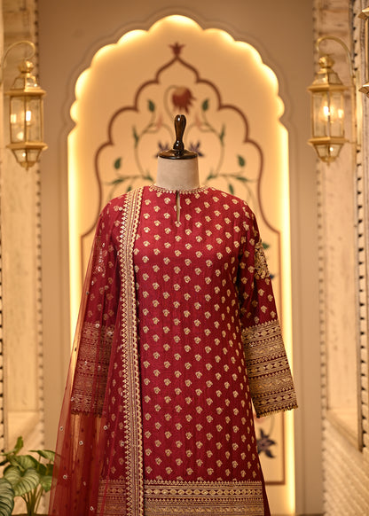Naina Maroon Silk Straight Suit Set with Sharara & Dupatta