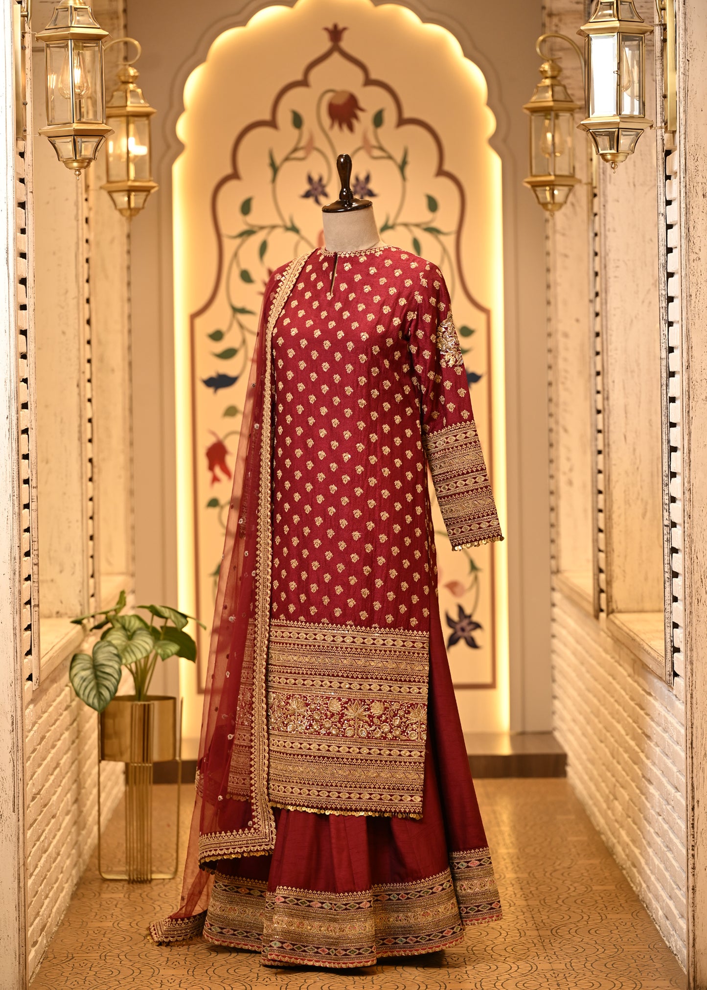 Naina Maroon Silk Straight Suit Set with Sharara & Dupatta