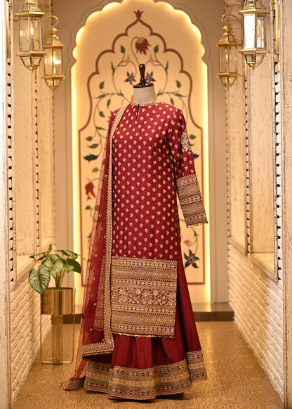 Naina Maroon Silk Straight Suit Set with Sharara & Dupatta