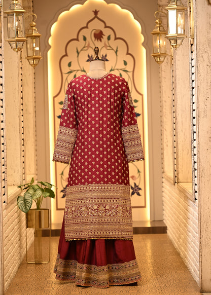 Naina Maroon Silk Straight Suit Set with Sharara & Dupatta