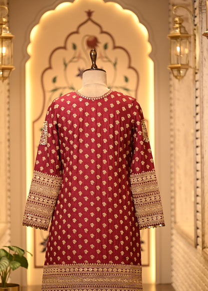 Naina Maroon Silk Straight Suit Set with Sharara & Dupatta