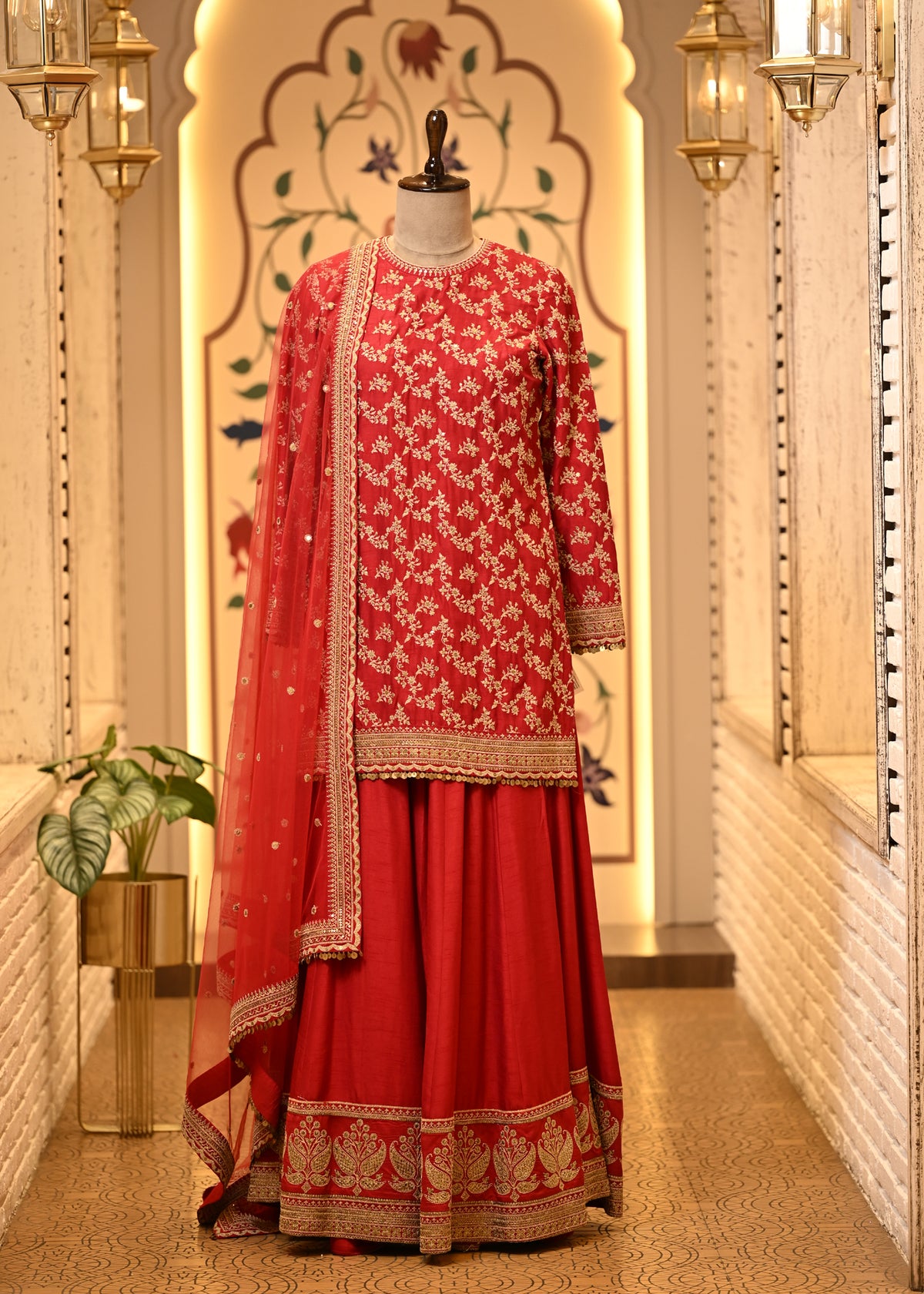 Rhea Crimson Red Silk Suit Set with Sharara & Dupatta