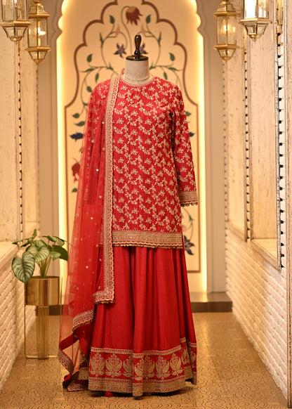 Rhea Crimson Red Silk Suit Set with Sharara & Dupatta