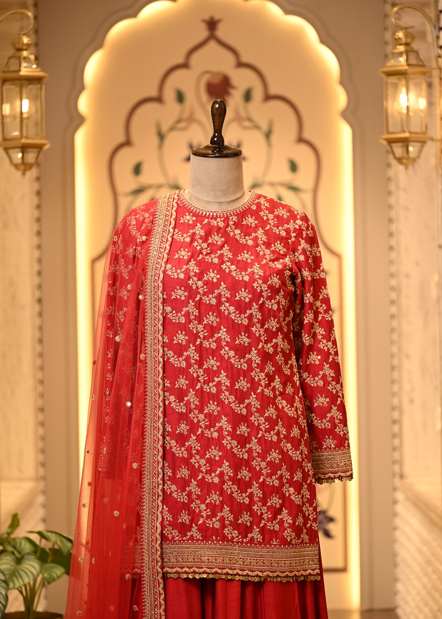 Rhea Crimson Red Silk Suit Set with Sharara & Dupatta