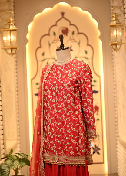 Rhea Crimson Red Silk Suit Set with Sharara & Dupatta