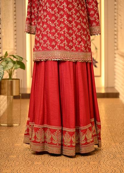 Rhea Crimson Red Silk Suit Set with Sharara & Dupatta