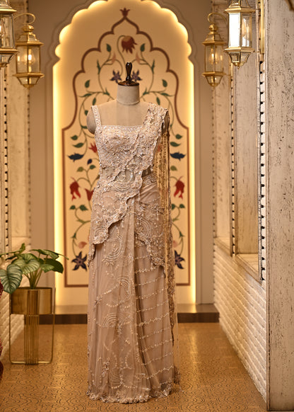 Shanaya Champagne Beige Embellished Pre Draped Saree Set