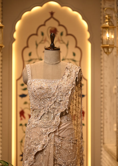 Shanaya Champagne Beige Embellished Pre Draped Saree Set