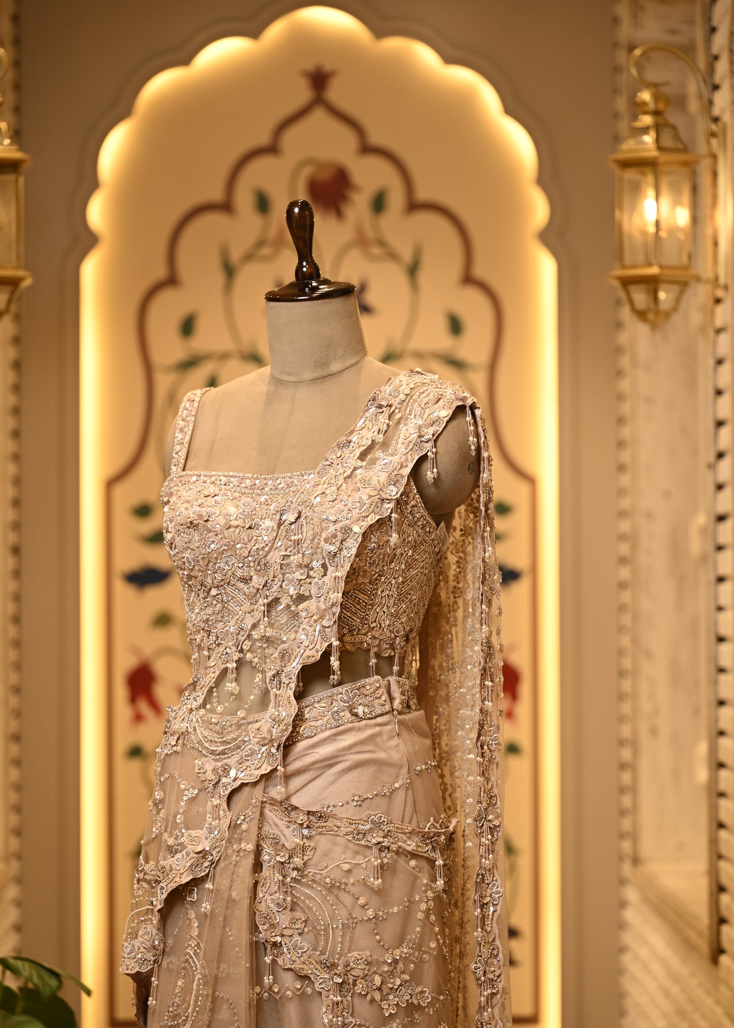 Shanaya Champagne Beige Embellished Pre Draped Saree Set
