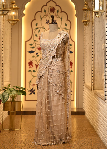 Shanaya Champagne Beige Embellished Pre Draped Saree Set