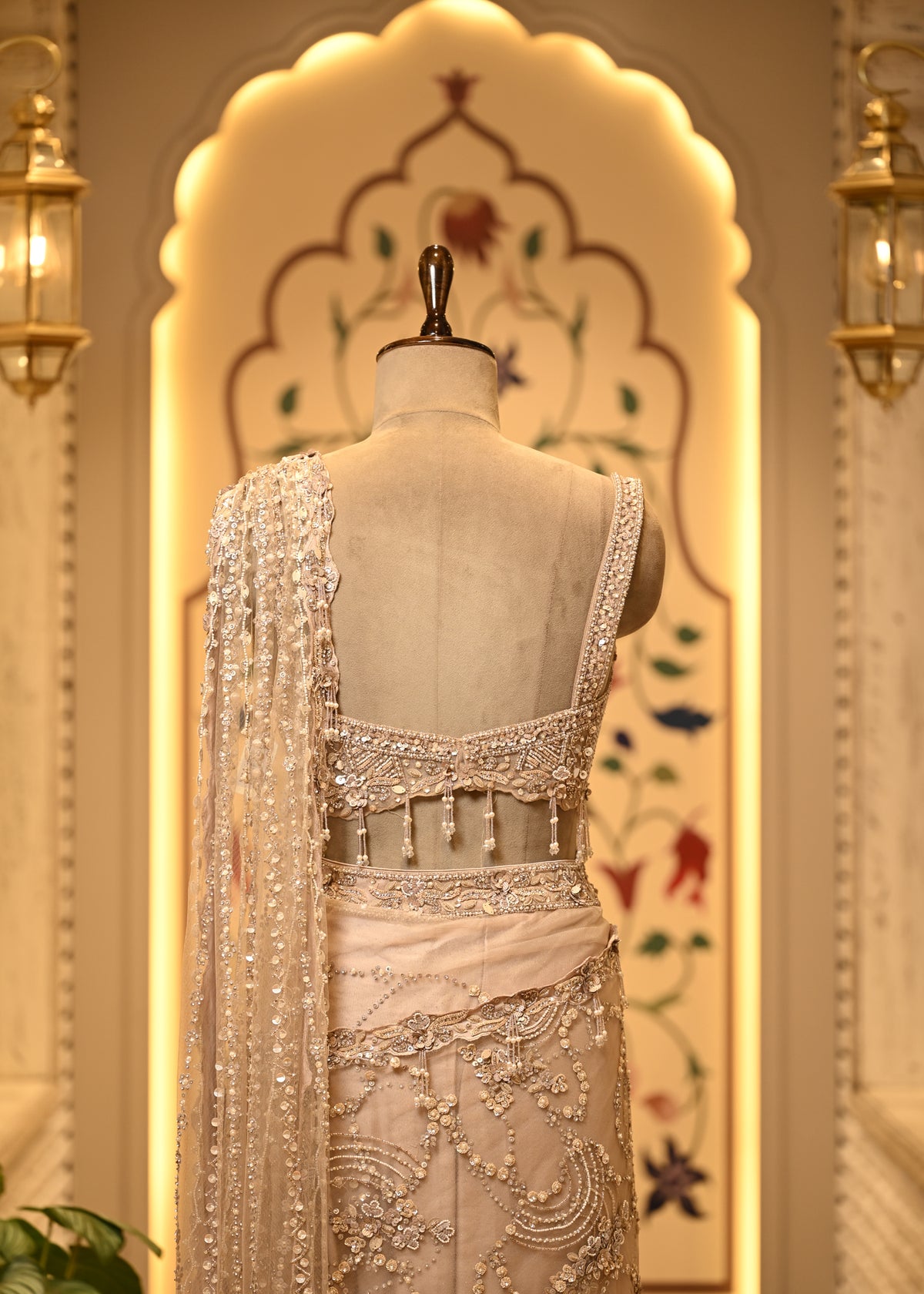 Shanaya Champagne Beige Embellished Pre Draped Saree Set