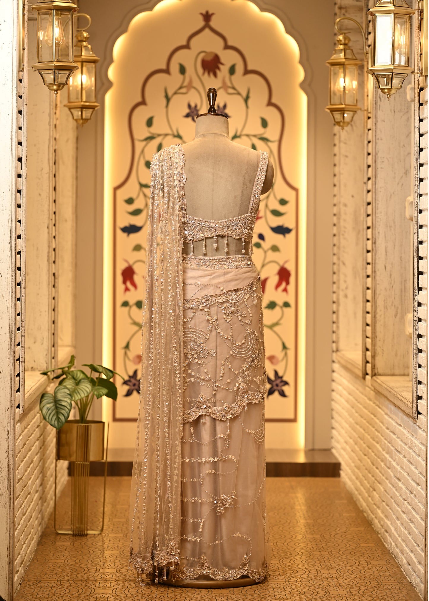 Shanaya Champagne Beige Embellished Pre Draped Saree Set