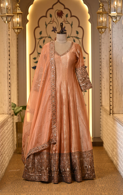 Kasturi Peach Long Anarkali with Dupatta