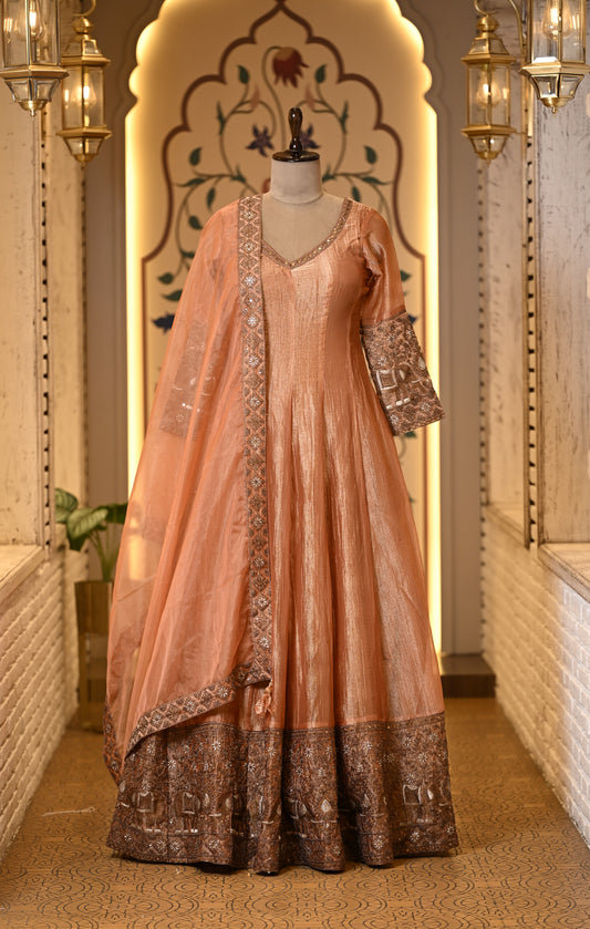 Kasturi Peach Long Anarkali with Dupatta