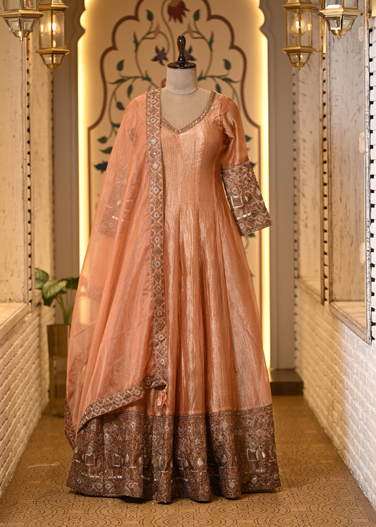 Kasturi Peach Long Anarkali with Dupatta