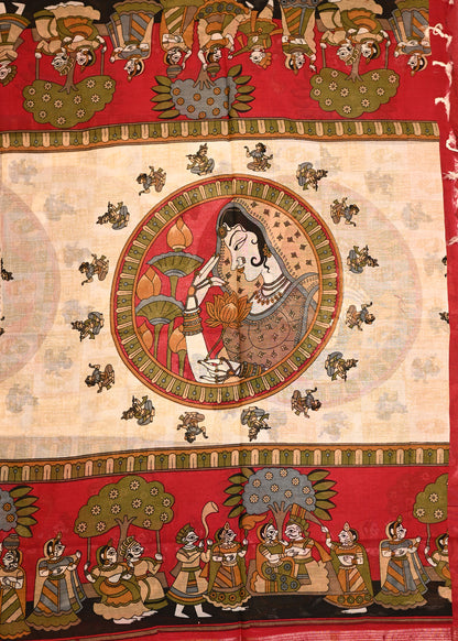 Lajjo Red Hand Painted Dupatta Unstitched Suit Set