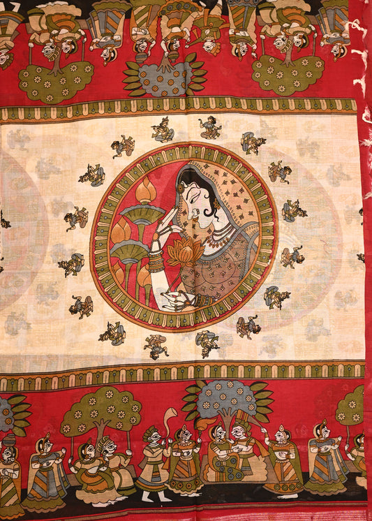 Lajjo Red Hand Painted Dupatta Unstitched Suit Set