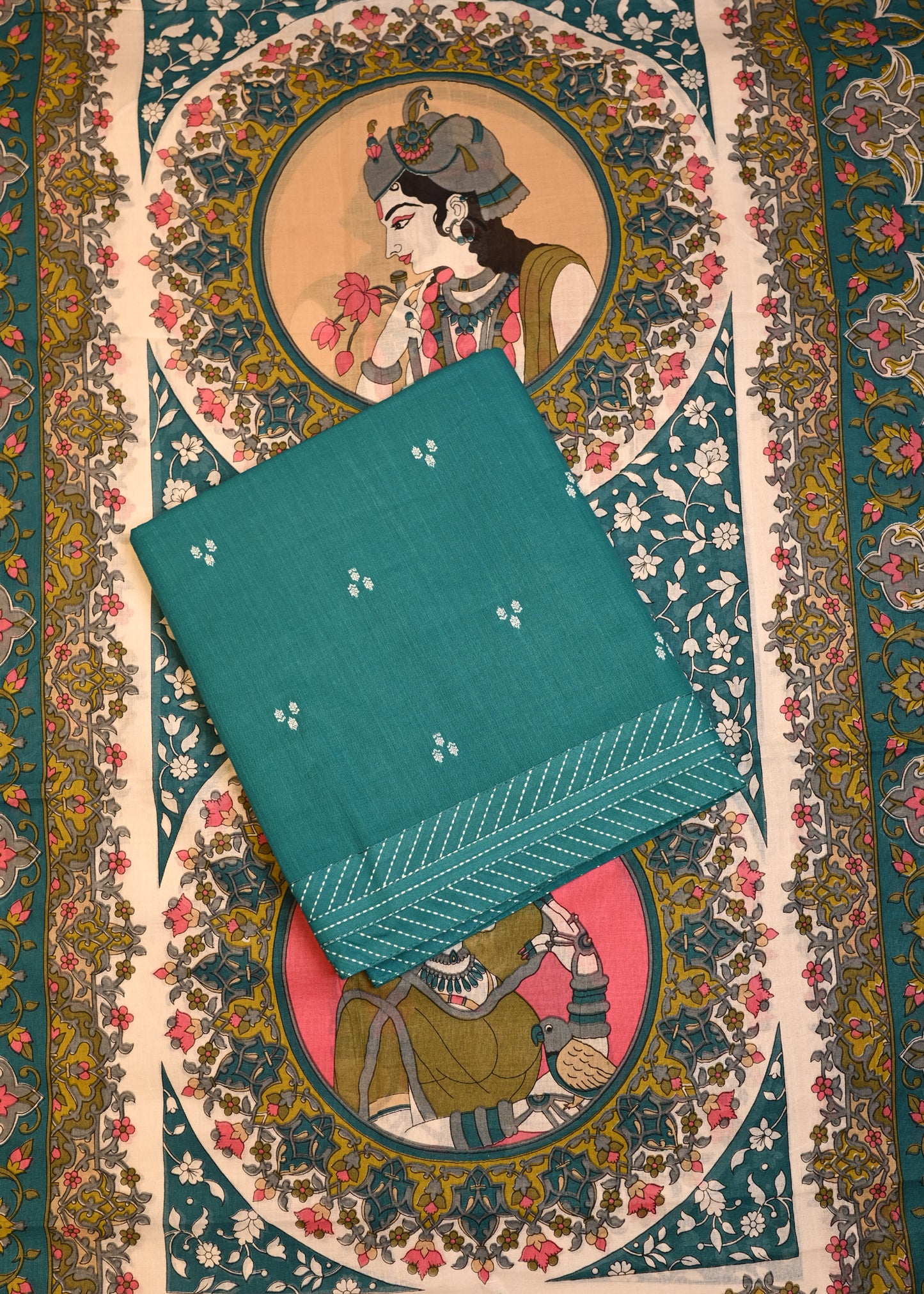 Laxmi Teal Blue Hand Painted Dupatta Unstitched Suit Set