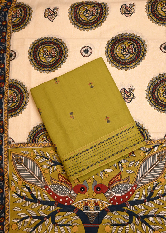 Mehej Green Hand Painted Dupatta Unstitched Suit Set