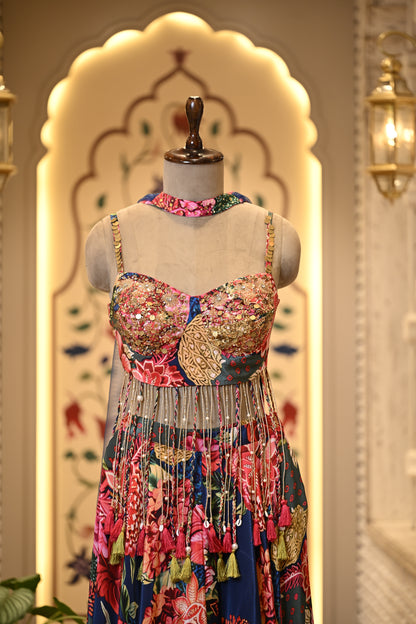 Kashni Tassel Boho Crop Top & Palazzo with Choker Dupatta