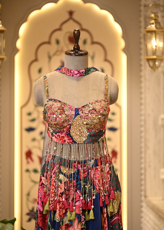 Kashni Tassel Boho Crop Top & Palazzo with Choker Dupatta