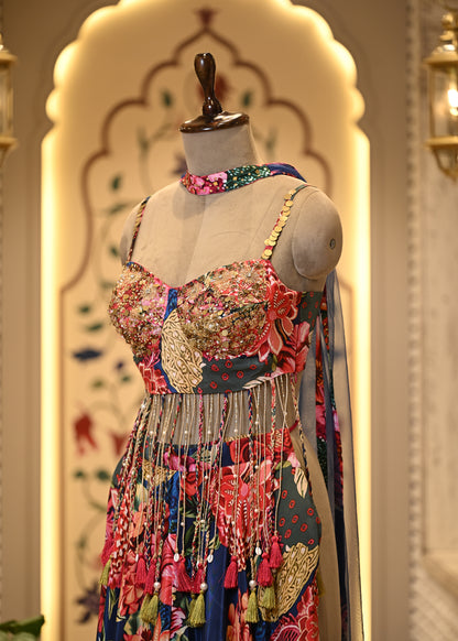 Kashni Tassel Boho Crop Top & Palazzo with Choker Dupatta
