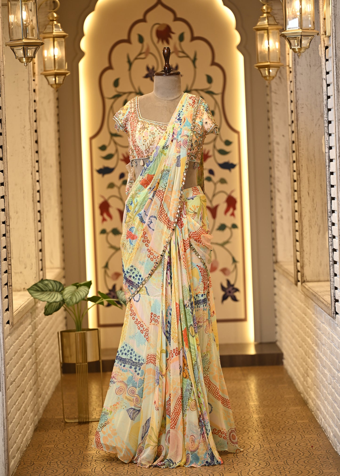 Kiraat Floral Pre Draped Saree with Stitched Blouse
