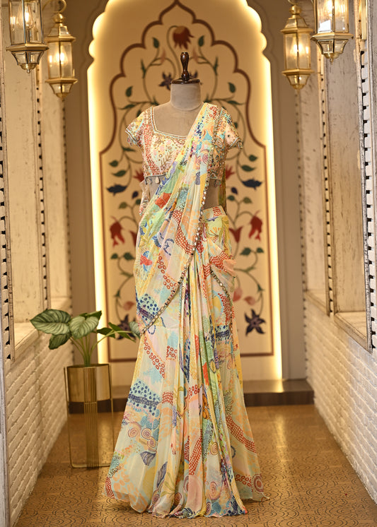 Kiraat Floral Pre Draped Saree with Stitched Blouse