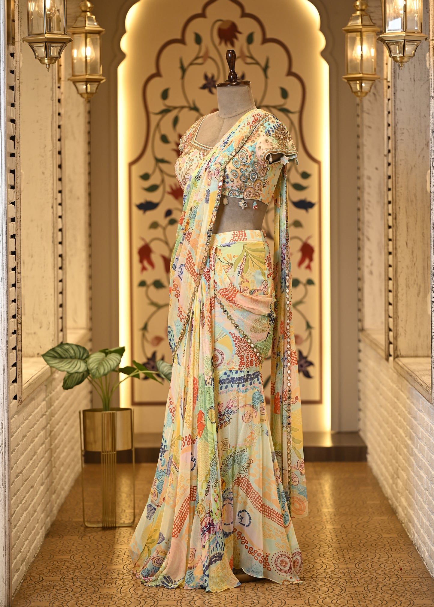 Kiraat Floral Pre Draped Saree with Stitched Blouse
