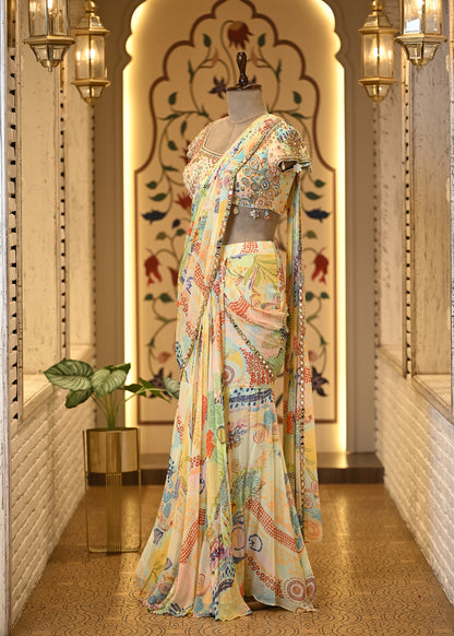 Kiraat Floral Pre Draped Saree with Stitched Blouse