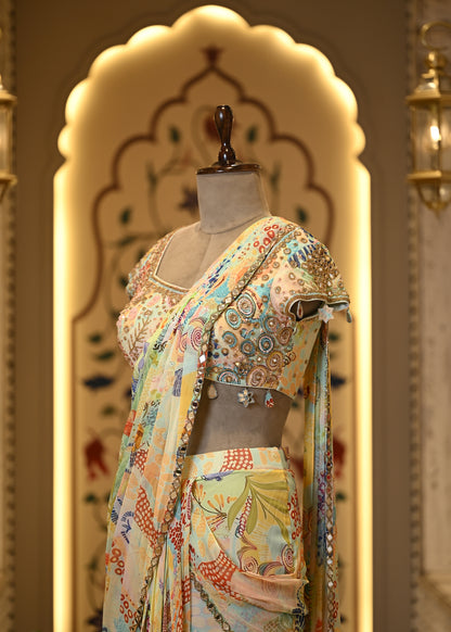 Kiraat Floral Pre Draped Saree with Stitched Blouse