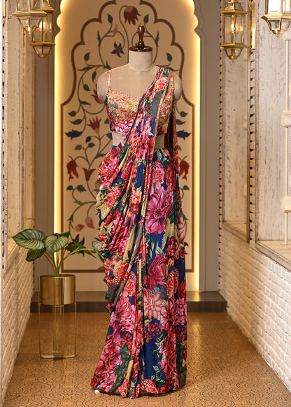 Ojasvi Pink Floral Pre Draped Saree with Stitched Blouse