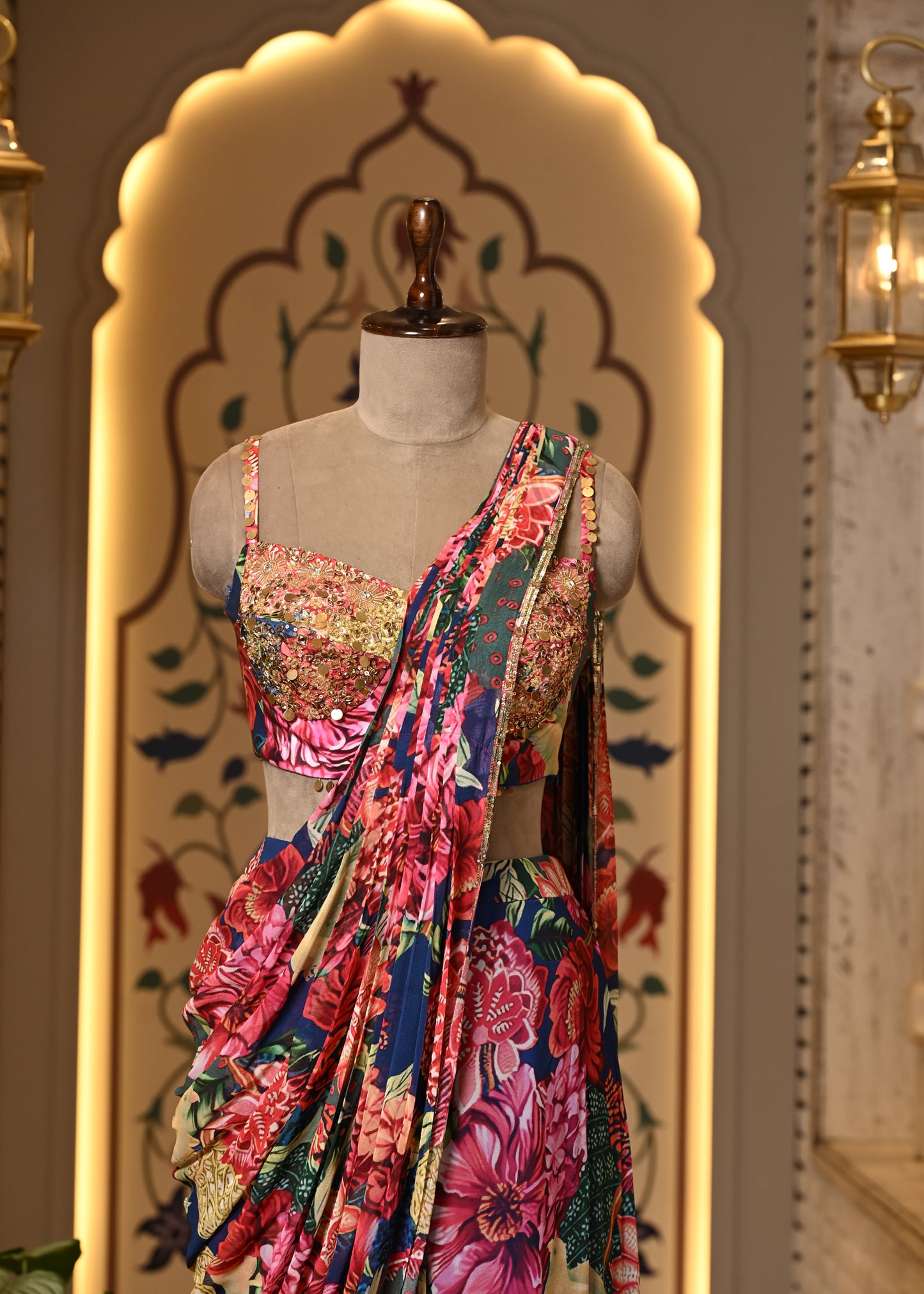 Ojasvi Pink Floral Pre Draped Saree with Stitched Blouse