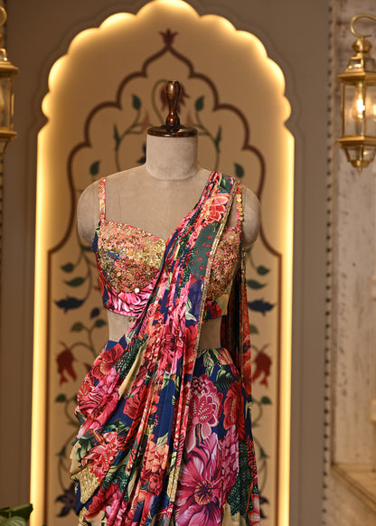 Ojasvi Pink Floral Pre Draped Saree with Stitched Blouse