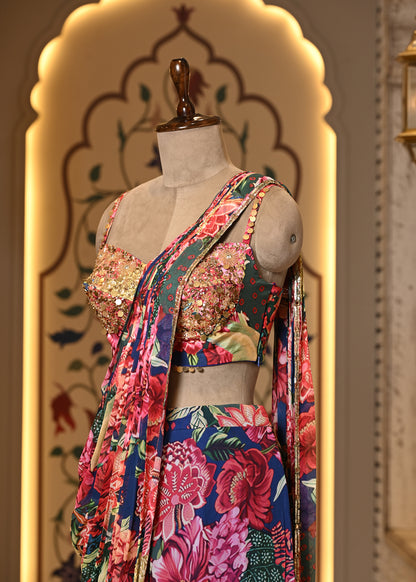 Ojasvi Pink Floral Pre Draped Saree with Stitched Blouse