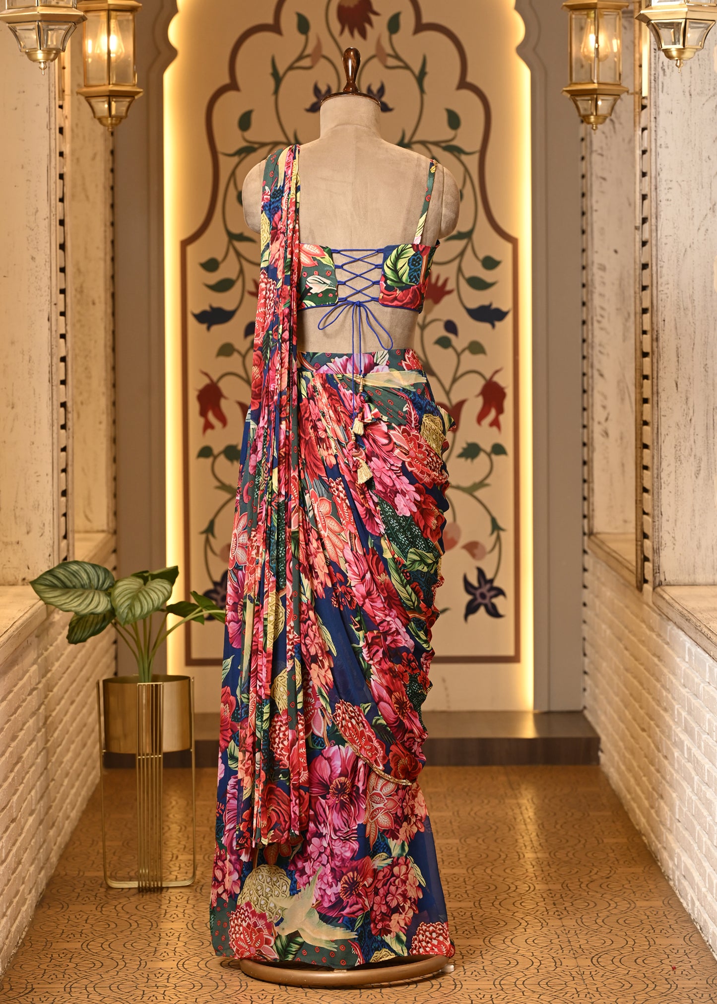 Ojasvi Pink Floral Pre Draped Saree with Stitched Blouse