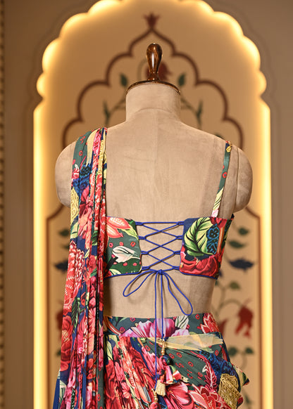 Ojasvi Pink Floral Pre Draped Saree with Stitched Blouse