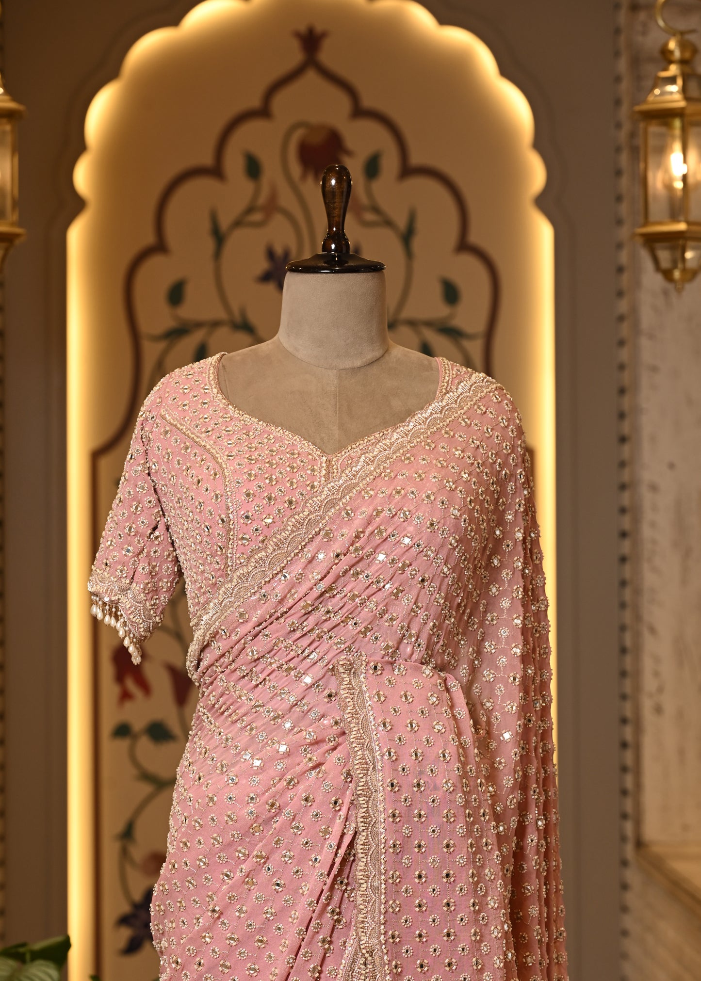 Pakhi Pink Mirror Hand Embroidered Saree with Stitched Blouse