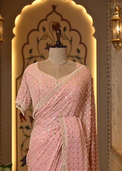 Pakhi Pink Mirror Hand Embroidered Saree with Stitched Blouse