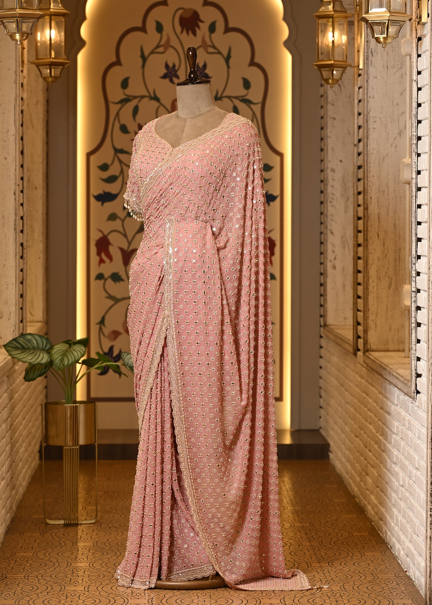 Pakhi Pink Mirror Hand Embroidered Saree with Stitched Blouse