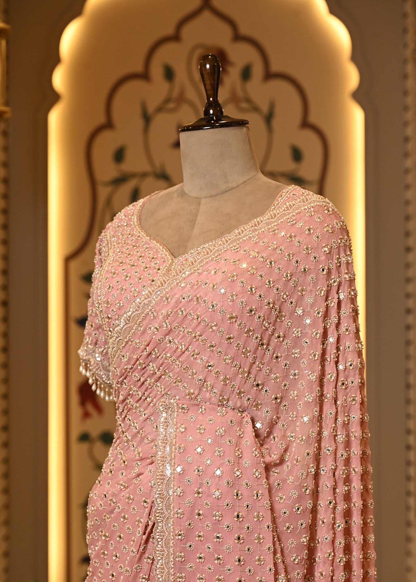 Pakhi Pink Mirror Hand Embroidered Saree with Stitched Blouse