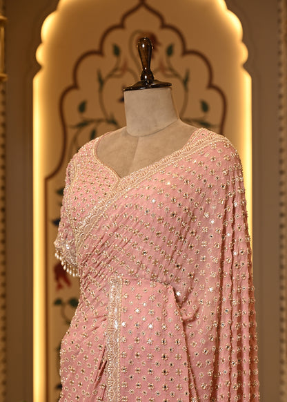 Pakhi Pink Mirror Hand Embroidered Saree with Stitched Blouse