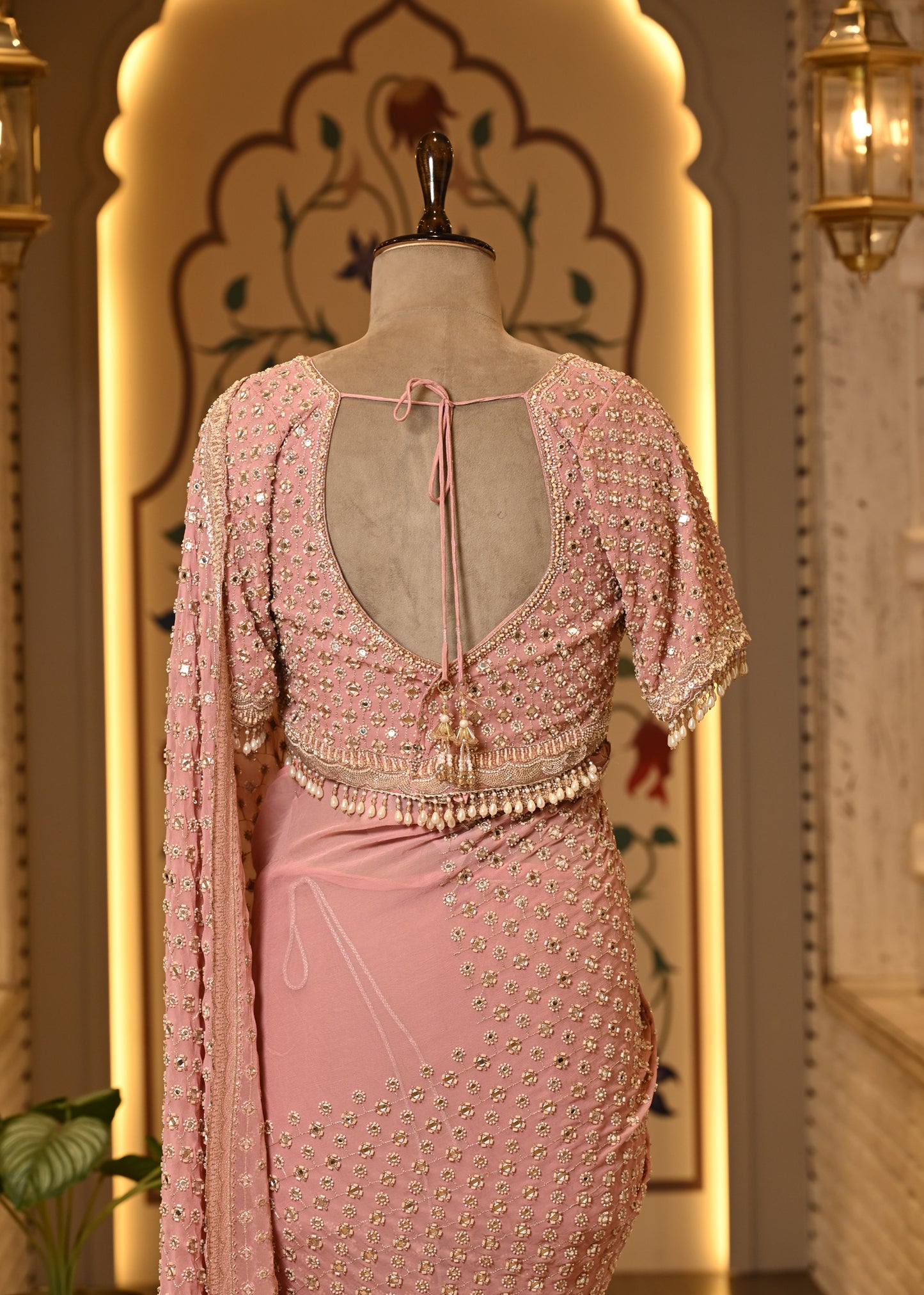 Pakhi Pink Mirror Hand Embroidered Saree with Stitched Blouse