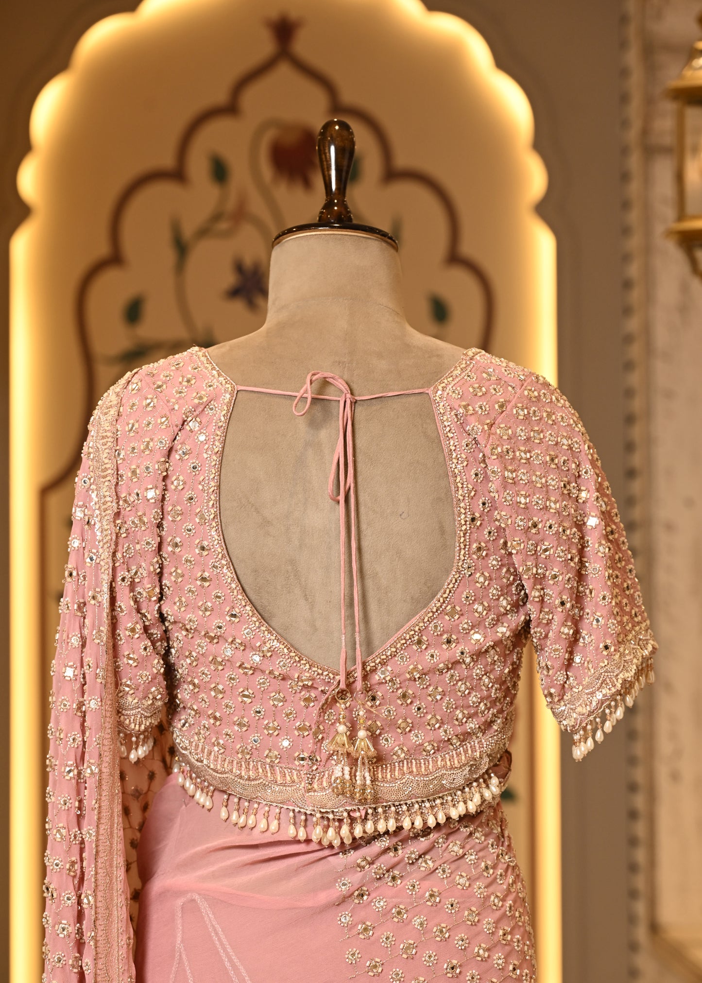 Pakhi Pink Mirror Hand Embroidered Saree with Stitched Blouse