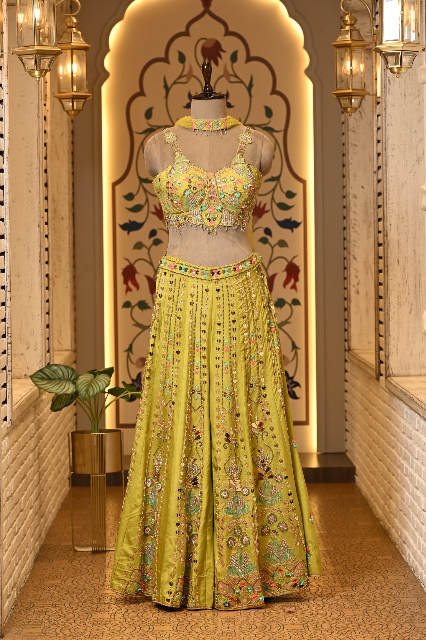 Daisy Yellow Carnival Crop Top with Pants & Choker Dupatta