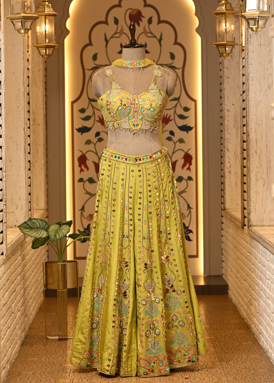 Daisy Yellow Carnival Crop Top with Pants & Choker Dupatta