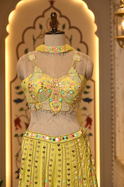 Daisy Yellow Carnival Crop Top with Pants & Choker Dupatta